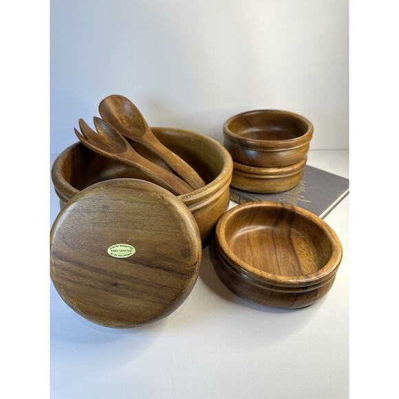 Genuine Monkey Pod Handcrafted Wood Made in the Philippines Salad Bowl Set of 7 - Picture 5 of 7